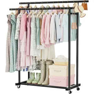 Double Rods Clothes Rack for Hanging Clothes, Clothing Rack with Wheels, Portable Closet Organizer for Laundry, Room (Black)