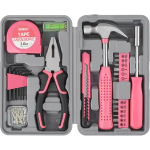 Hi-Spec Tool Set 25pc Pink Household DIY Tool Kit for Women. Small Mini Tool Box Set of Starter Basic Ladies Tools