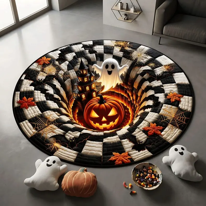 Spooky Season 3D Halloween Abyss Round Area Rug Cute Ghost Jack O Lantern Pumpkin Vortex Optical Illusion Non-Slip Soft Washable Bedroom Living Room Holiday Decor Gift