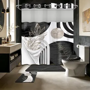 Black and White Bathroom Sets with Hookless Shower Curtain and Rugs Masculine Mens Mid Century Modern No Hook Shower Curtain and Liner Set, 4 count with Bath Mat and Toilet Lid Cover