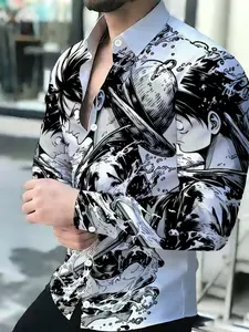 Men's Breathable Casual Design Lapel Long Sleeve Black and White Anime Character Graphic Print Button-Front Shirt