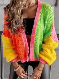 Women's Colorblock Button Front Sweater Cardigan, Casual Long Sleeve Knitwear for Daily Wear, Ladies Clothes for All Seasons, Casual Chic Knitwear