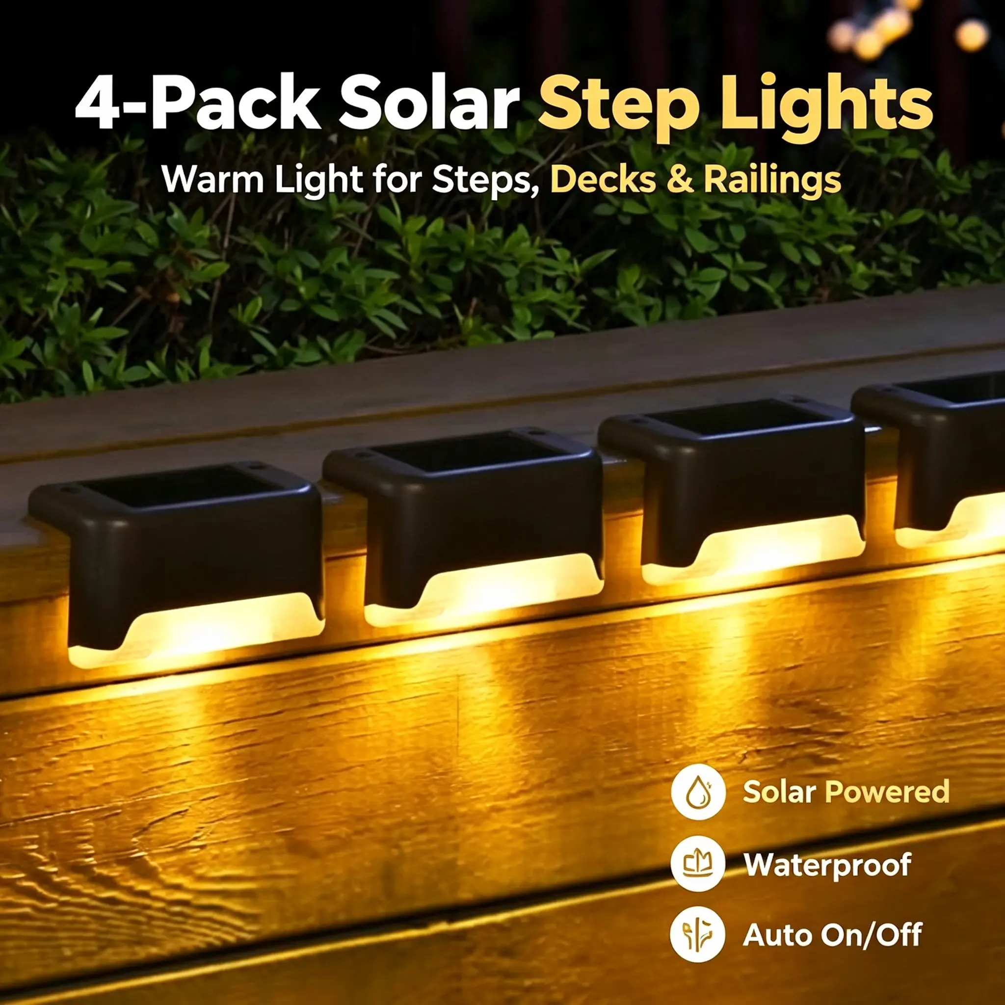 Outdoor solar step lights — Waterproof LED Solar Lights for Outdoor Stairs,Steps,Fences,Courtyards,Patios,Railings,Gardens,and Walkways (4-Pack)