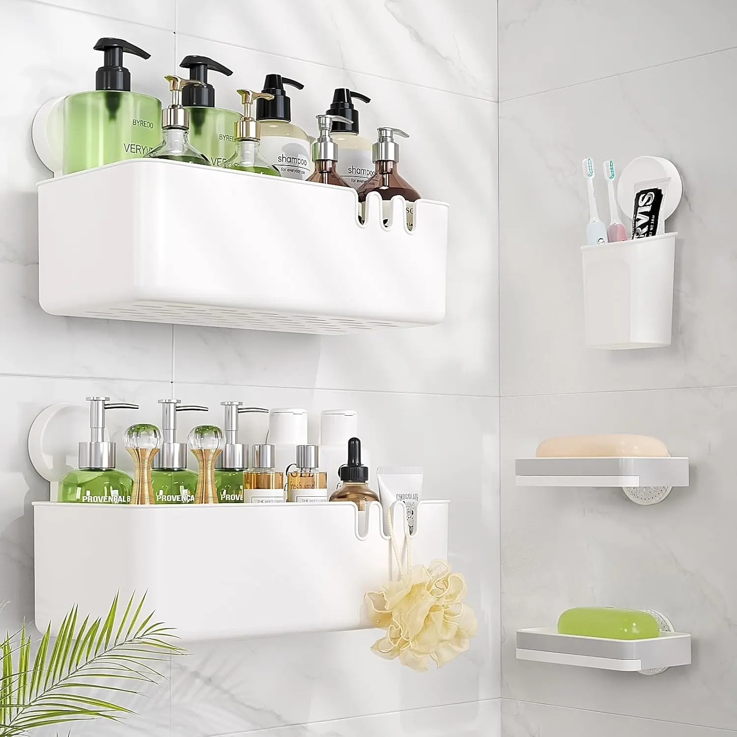 Durable 5-Pcs Kitchen Caddy Suction Cup Storage Organizer Set, ABS Plastic No-Drilling Rack with Soap Dish, Fork Holder, Stainless Steel Utensil Hook for Modern Home