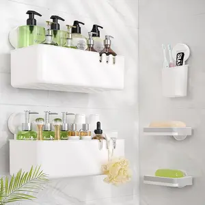Kitchen Caddy Suction Cup Basket Set with Soap Dish Fork Holder 5 Pcs No-Drilling Storage Organizer Modern Home Racks ABS Plastic Hook Installation Stainless Utensil