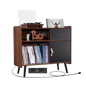Father's Day Gift VEVOR Record Player Stand with Power Outlet, Turntable Stand Holds Up to 350 Albums, Record Player Table with Vintage Vinyl Record Storage for Living Room, Bedroom, Brown