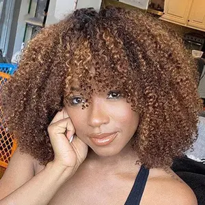 Kinky Curly Wig with Bangs Human Hair for Black Women Short Curly Bang Wig 250% Density Curly Bob Glueless Wig (Highlight Brown 12 inch)