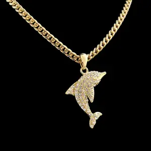 Hip Hop Gold Silver Plated Punk Style Dolphin Iced Pendant & 4mm 18" 20" 24" Cuban Chain Necklace Daily Birthday Male Anniversary