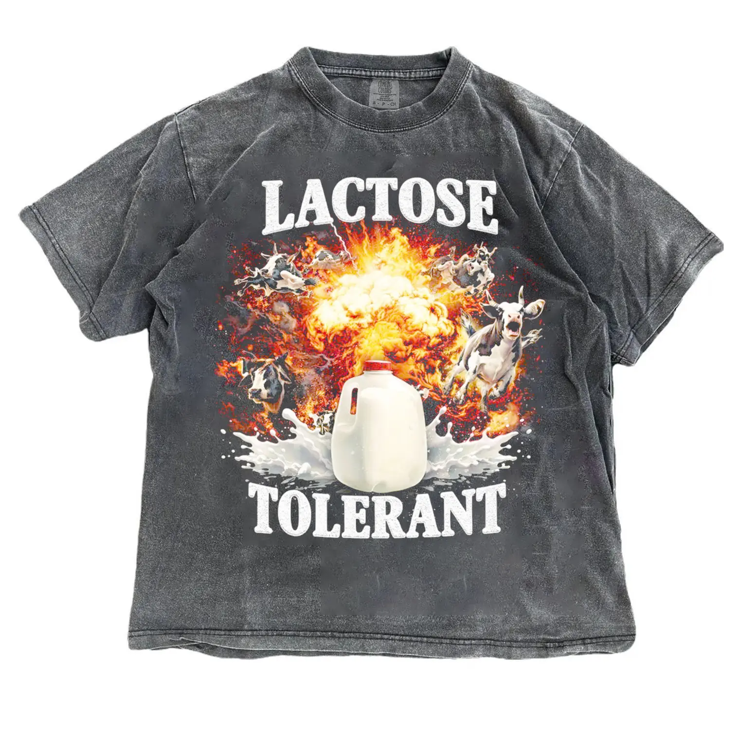 Women's Short-Sleeve Lactose Tolerant Graphic Tee, Funny Milk Meme Vintage Washed Oversized Top, Viral TikTok Humor Unisex Funny Streetwear, Shortsleeve, Tops