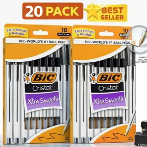 BIC Cristal Xtra Smooth Ball Pens 20 Pack 2 Boxes Black Ink Medium Point Easy Glide System Smooth Writing Everyday Pens