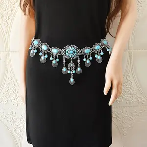 1pc Vintage Style Waist Chain Belt Inlaid Turquoise Elegant Zinc Alloy Body Chain Jewelry Dance Dress Belt Statement Piece Decoration Fashion Casual Trendy Waistband