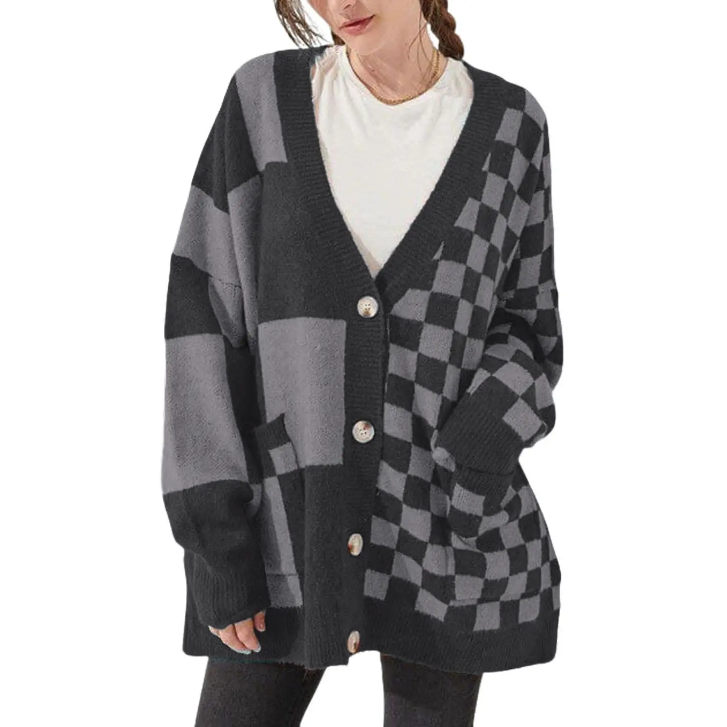 CHARTOU Women Slouchy Checkered Cardigan Oversized Open Front Cardigan Sweater Plaid Knit Outwear Coat