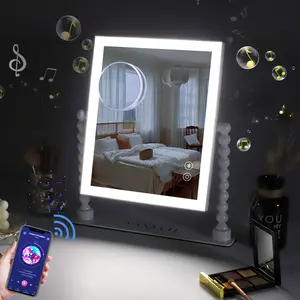 VANITII 12''x14'' Vanity Makeup Mirror with Lights Bluetooth Round Pillar Metal Tabletop White