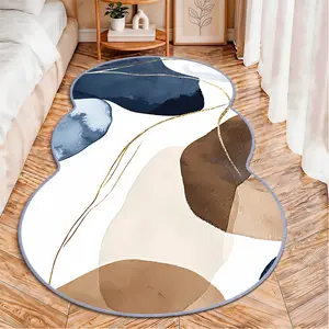 2D Flat velvet irregular rug with blue brown gold abstract geometric pattern, machine washable non-slip carpet for bedroom, all seasons & holiday decor, durable & easy to clean.