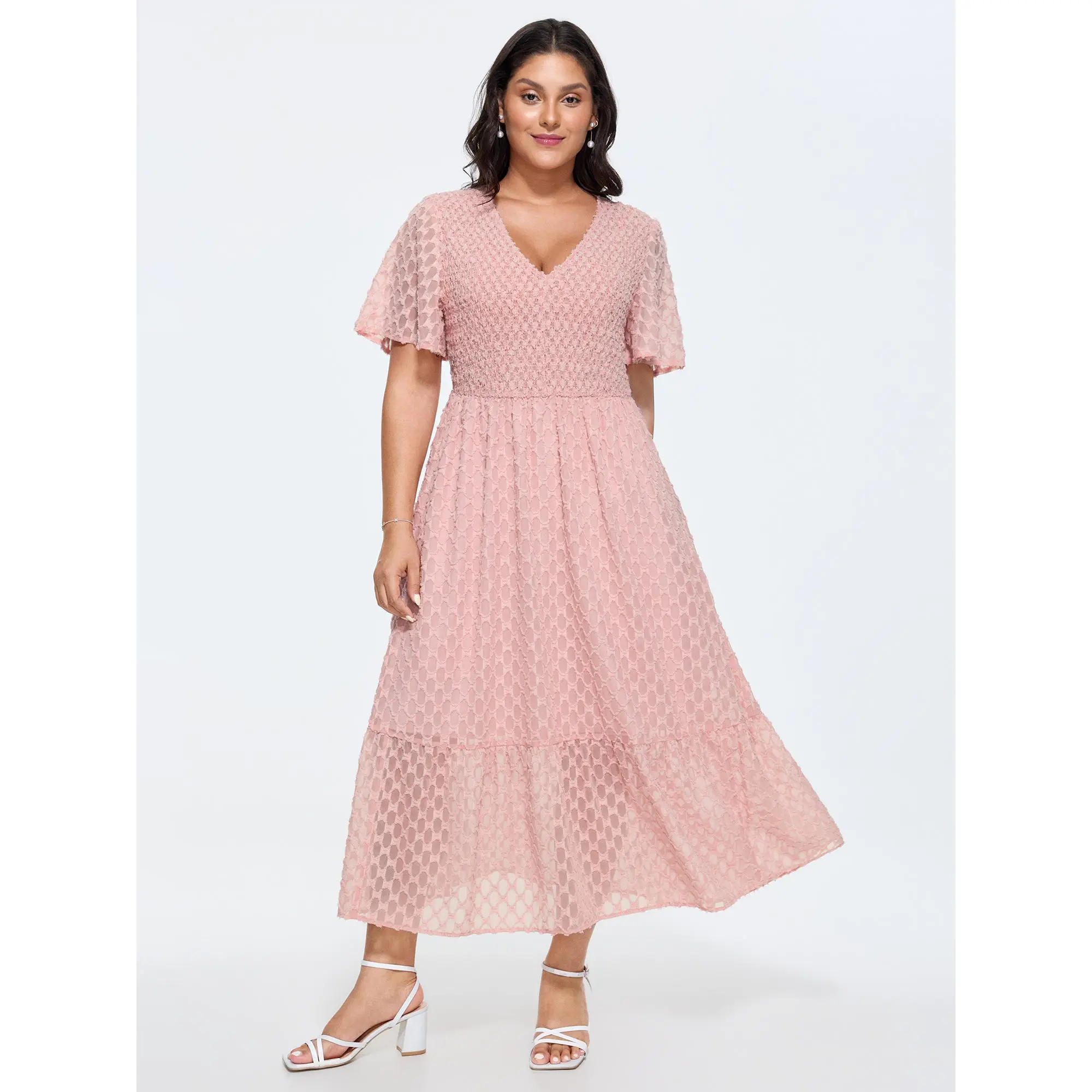 Women's Bell Sleeve Polyester Maxi Dress in a Textured Dot Pattern, Casual Summer Gown with a Ruffled Hem and Flattering Cut, Bump Friendly, Casual Wear, Smooth, Fabric, Bump Friendly Outfits, Iron‑Smooth Finish