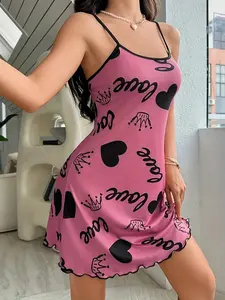 Women's Heart & Letter Print Cami, Casual Soft Comfortable Sleeveless Strap Chemise Nightgown for All Seasons, Fashion Ladies' Sleepwear for Daily Wear, Cami Nightdress
