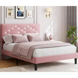 Queen Size Bed Frame with Headboard, Pink Upholstered Platform Bed Frames Queen Size with Crystal Diamond Tufted for Girls/Kids Easy Assembly, Wooden Slats Support, No Box Spring Needed