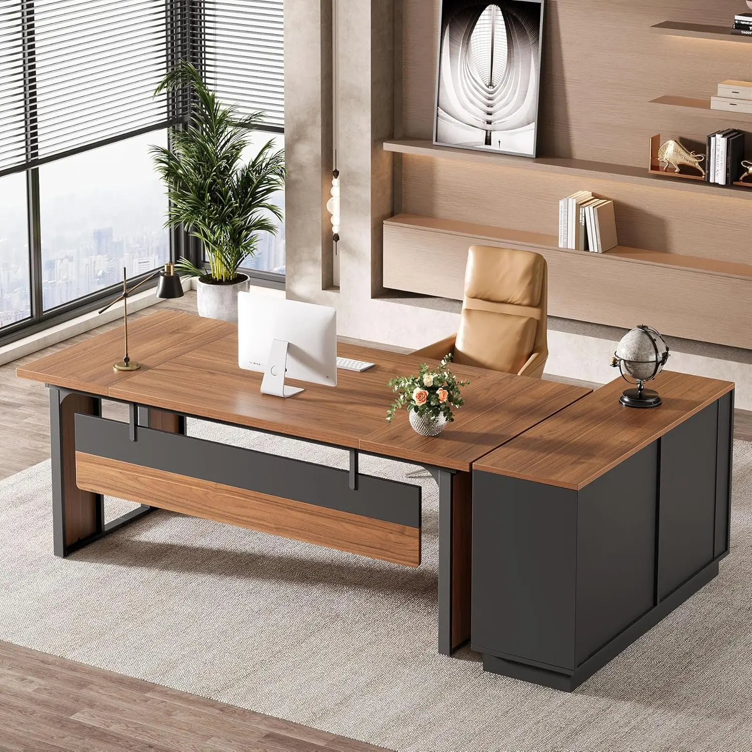 LITTLE TREE 63-Inch Executive Desk, L-Shaped Office Table with 47-Inch File Cabinet, Large Computer Desk with Storage Drawers and Shelves, Wood Business Furniture Set for Home Office,Two separate package