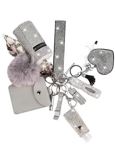 11 Piece Set Shiny Women's Rhinestone silver Security Keychain Wristband Keychain Belt Storage Bag and Pompom Card Bag Accessories Keychain Accessories Material Sturdy Suitable for Back-to-School Season and Party Events, Keychain Wristlet Strap
