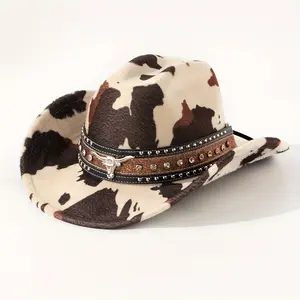 Women'S Western Cowboy Hat - Wide Brimmed Brown & White Cow Pattern, Lightweight Non-Stretching Outdoor Hat with Buckle Closure, Retro Ranch Party Accessory for Themed Events & Western-Themed Parties, Cowboy Accessories, Handmade Weaving Design