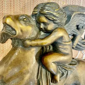 Pair Of Antique Mythical Wall Plaque Victorian  Angel Ride Lion Figurine Brass .