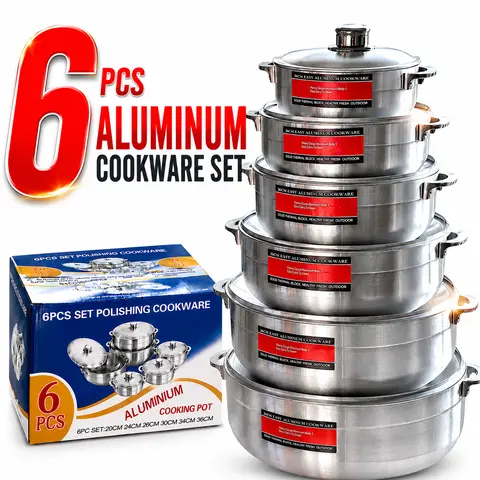 6-Piece Lightweight Aluminum Cookware Kitchen Set, 20cm-36cm Silver Round Pots with Handles & Thermal Lids, Daily Cooking, Rice & Pasta Ready, Quick Rinse Clean (Version 2)