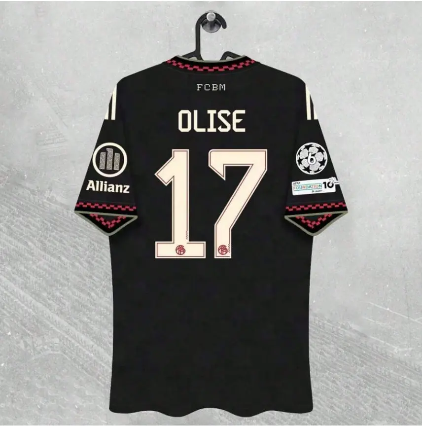 Michael Olise No. 17 2025/26 Bayern Third Soccer Jersey – Black Short Sleeve Football Fan Shirt with Cream Printing, Patterned Trim and UCL-Style Patches