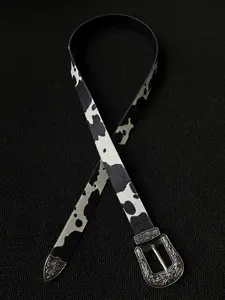 Colorblock Cow Print Belt Buckle, Carved Leather Design, Silver Metal, Casual Style, All Seasons, Commuter Daily Use