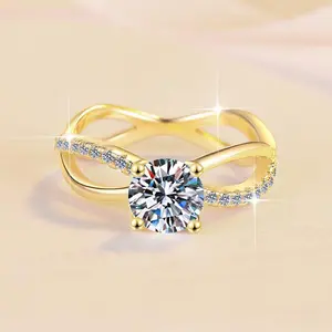 S925 Sterling Silver Four-claw Golden Ring Synthetic Moissanite Ring 1Carat-170