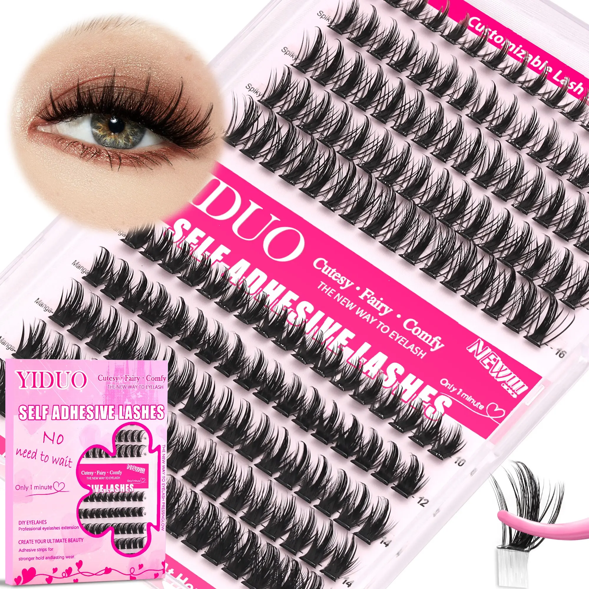 YIDUO Manga Self-Adhesive Lash Clusters, 2 Styles Manga & Fairy Look, D Curl 10-16mm, Pre-Glued No Glue Needed, 1-Minute Easy DIY Eyelash Extensions Gift Pack, Self Adhesive Lashes