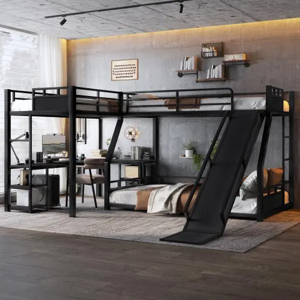 Bellemave L-Shaped Metal Frame Triple-Layered 3-Person Glam Loft Bed - Modern Bed Frame, Indoor Bedroom Furniture with Built-In Slide, Desk, Storage Rack, USB Port, Pre-Drilled Kit, Black