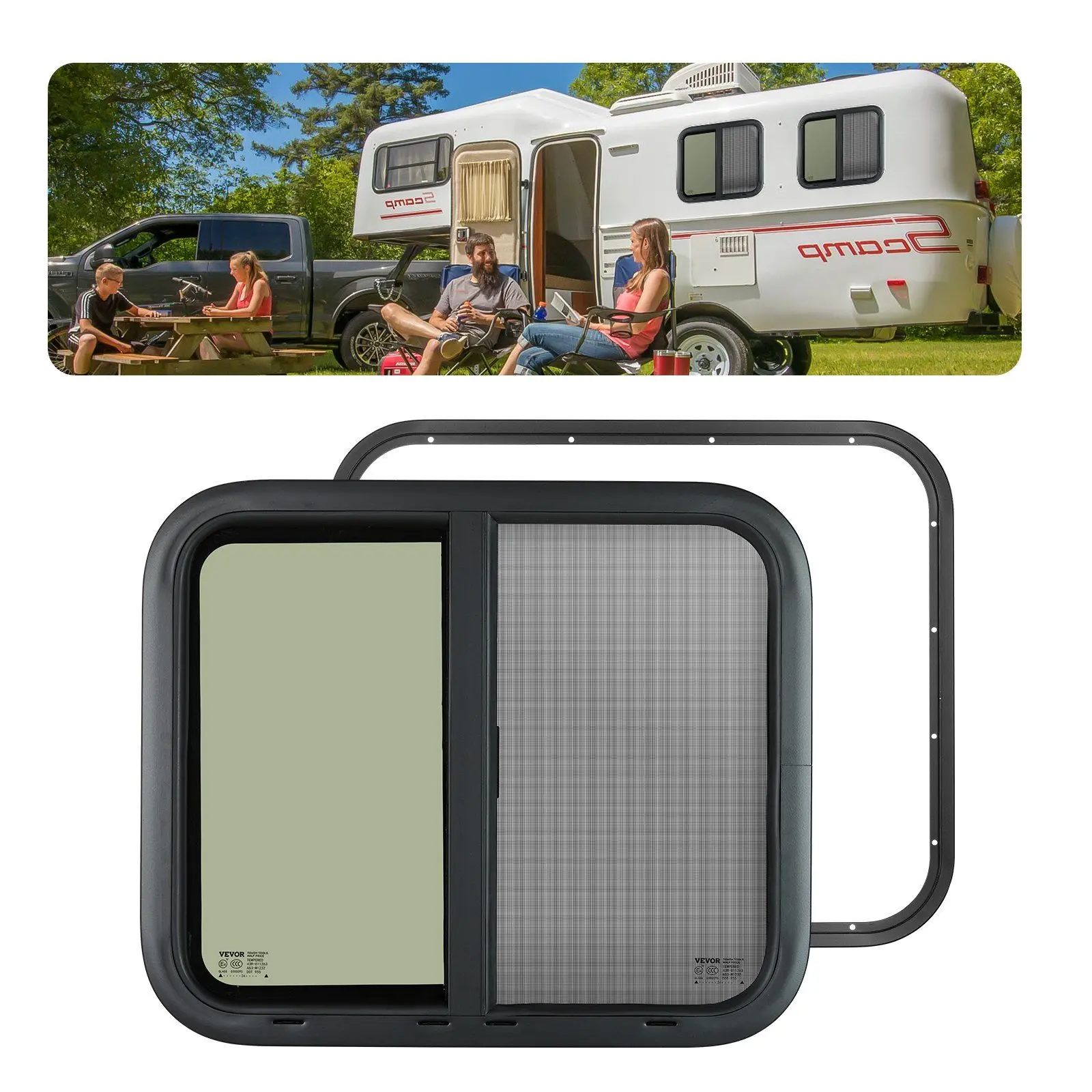 VEVOR Horizontal Tempered Glass RV Window, 24x20 inch Tinted Sliding RV Window with Net Screen, Trim Ring, Enhanced Privacy Protection, Explosion-Proof & High Strength Features