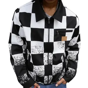 Y2K Grunge Checkered Jacket with Distressed Ink Splatter Design