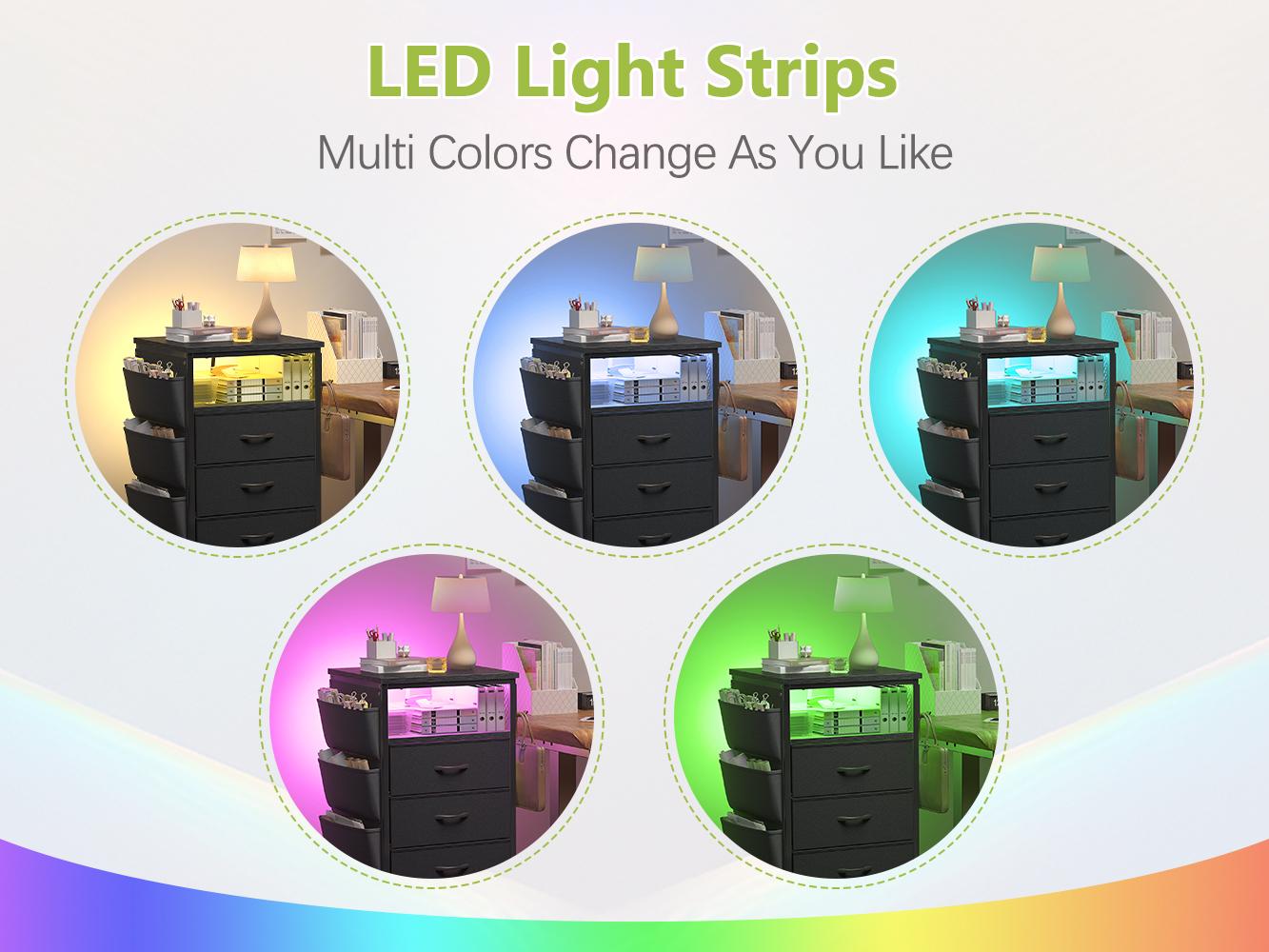 Raybee 37.5" Tall LED Night Stand with 5 Drawers for Tall Bed, Black Narrow Dresser with Charging Station for Living Room, Night End Table with Extra Side Bag & Hooks, Bedside Table with Power Stripe, Bedroom, Closet, Hallway, Entryway, White, Brown