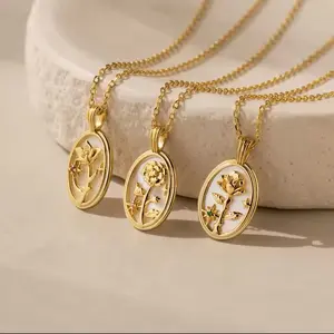 Birth Flower Pendant Necklace | 18K Gold | Oval Design