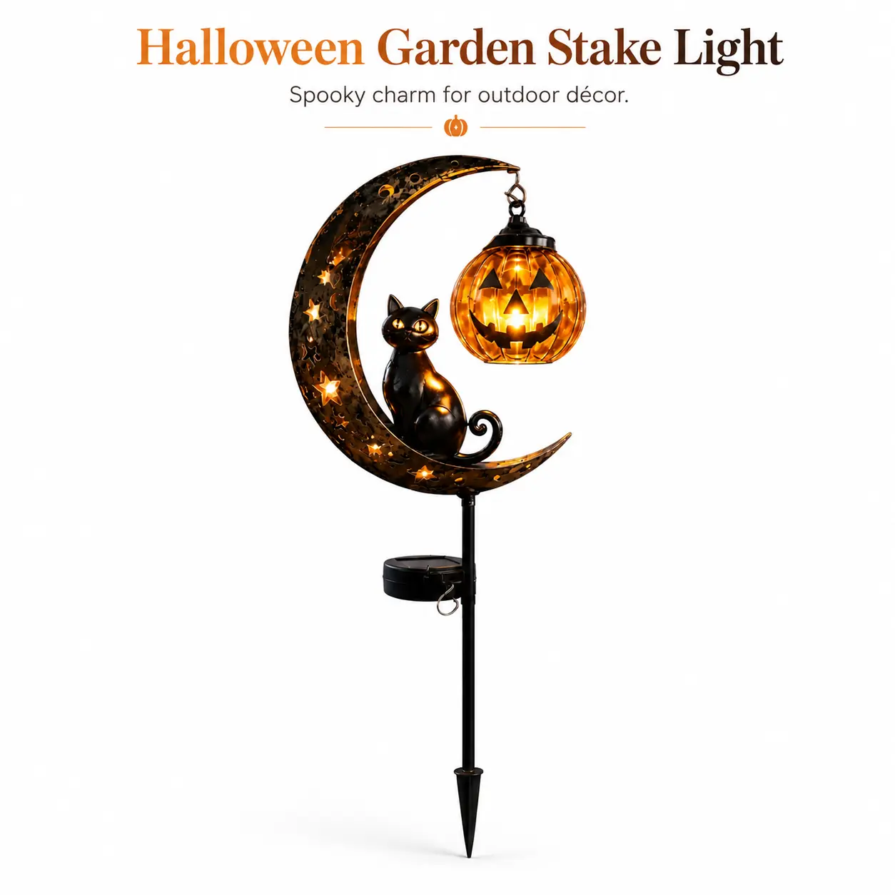 Solar Halloween Black Cat and Pumpkin Moon Garden Stake Light, Solar Garden Decoration Outdoor Waterproof Metal Pumpkin Stake with Black Cat, Suitable for Patio, Yard, Lawn Decoration, Halloween Decoration holiday decorative