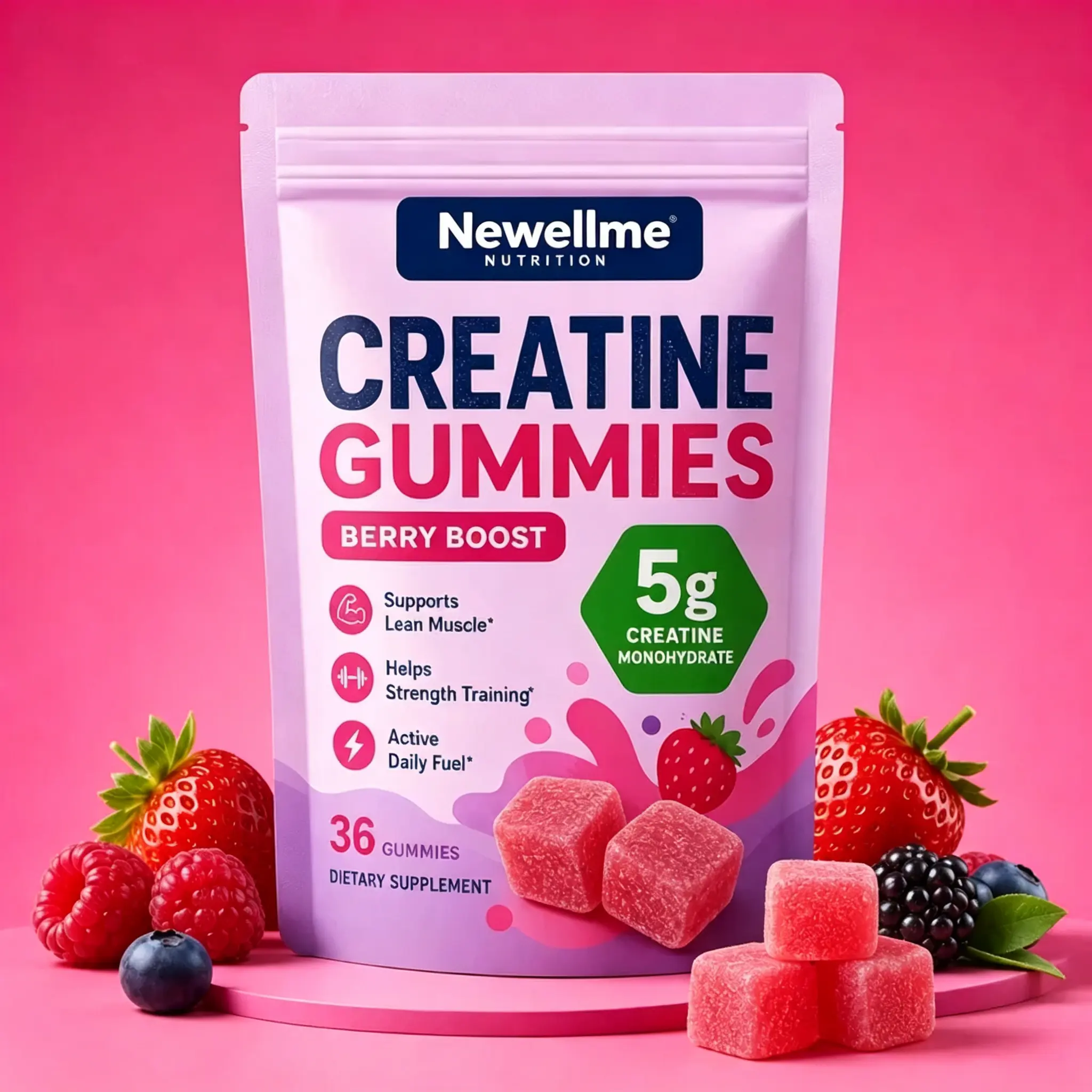 Newellme Women's 36-Piece Berry Creatine Gummies - Chewable Creatine Monohydrate Dietary Supplement, Clean Fitness Support for Energy, Post-Workout Muscle Recovery & Body Goals, Creatine Monohydrate Supplement