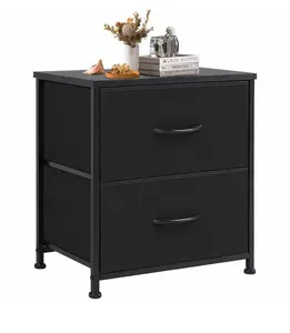 2-Drawer Black Nightstand & Fabric Bin Dresser – Compact End Table for Bedroom, Entryway, Dorm, or Living Room- Black