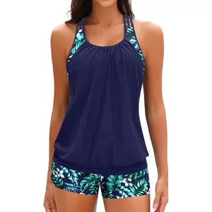 Two Piece Tankini Bathing Suits T-Back Blouson Swim Tops with Boy Shorts Women Swimsuits Sporty Swimwear