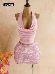 Elegant Party Set, Halter Top & Sequin Rhinestone Mini Skirt, 2-Piece Glamorous Ensemble for Special Occasions