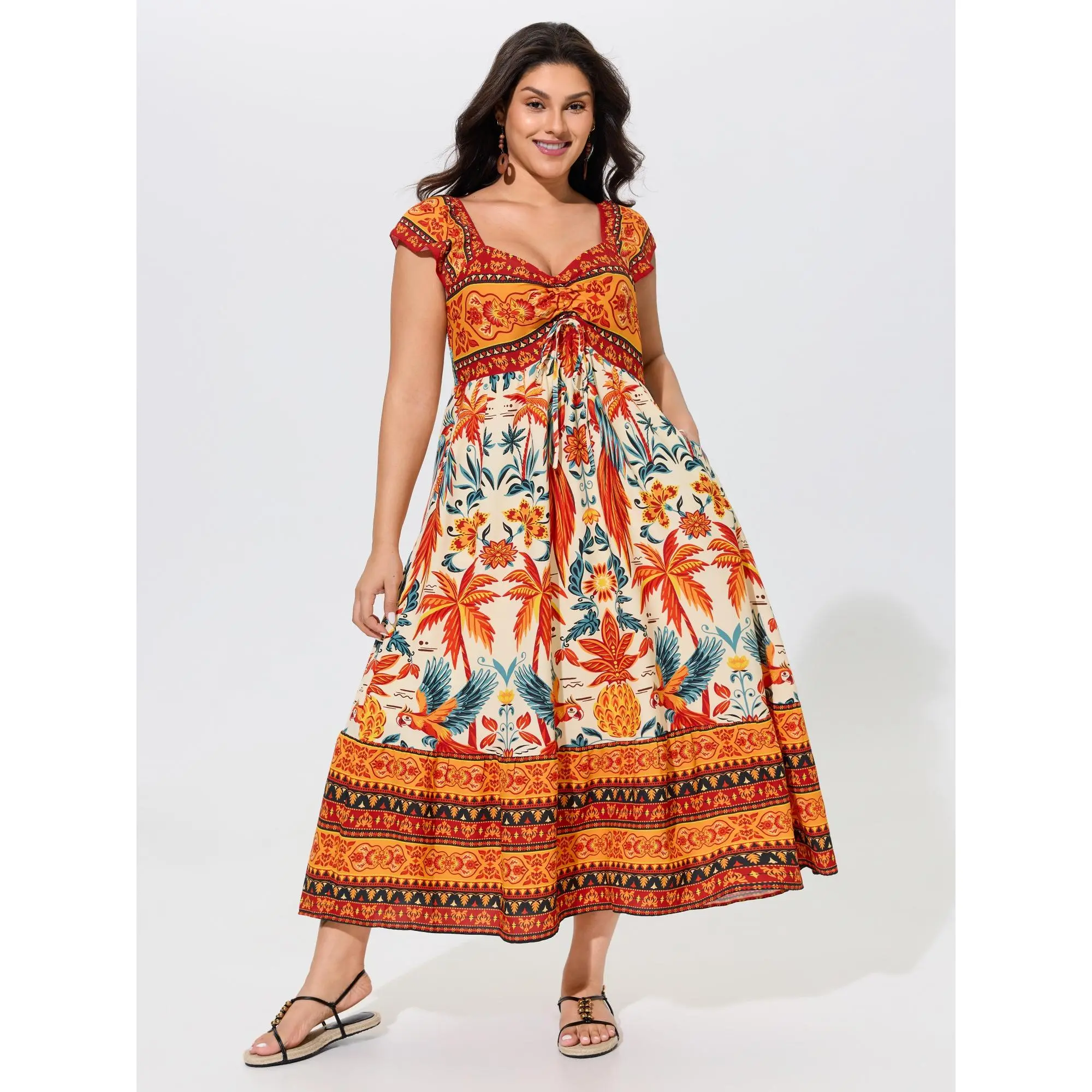 BloomChic Plus Size Tropical Print Bust Drawstring Midi Dress[M-6X] 2026 Summerfinds