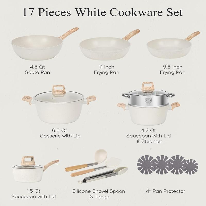 SODAY 17/12 Pcs Pots and Pans Set Non Stick, Kitchen Cookware Sets White Granite Nonstick Cooking Set with Frying Pans, Saucepans, Steamer,Nonstick Pots with Glass Lid (NO PFOS, PFOA),Kitchenware,stock up on specials,New Year Sale, gifts
