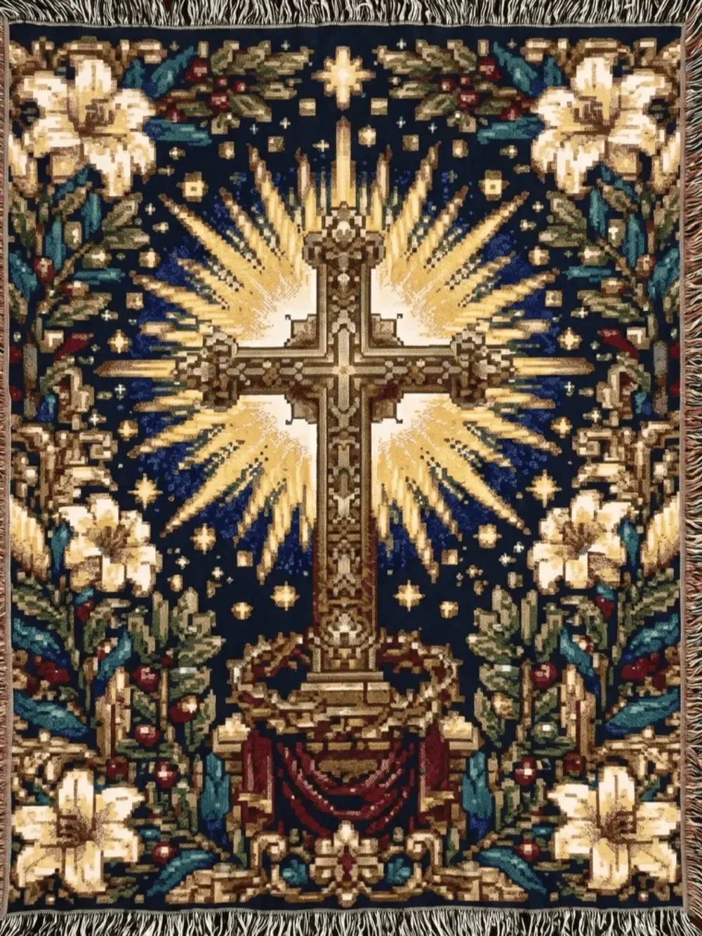 Holy Cross Woven Blanket | Catholic Tapestry Throw, Radiant Crucifix & Crown of Thorns, Heirloom Faith Décor Gift