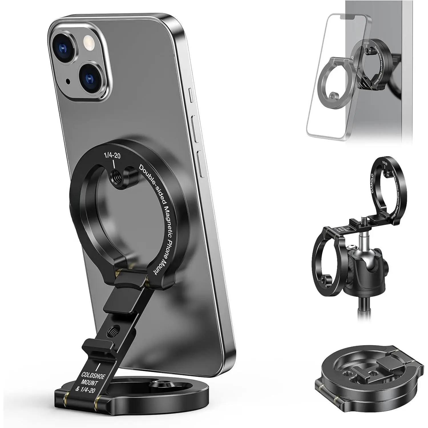 Dual  Phone Holder Compatiable with Magsafe for  16 15 14 13 12 Pro Max Plus Series, 1/4" Screw Tripod Mount, Gym  Phone Stand Travel(Black)