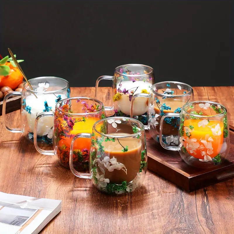 Double glass flower tea cup, 390ml glass coffee cup, insulated flower coffee cup, transparent cup with dried flowers. Drinkware Tumblers