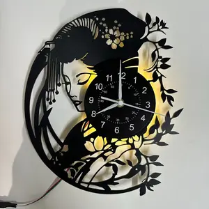 Vintage Japanese Geisha Vinyl Record Wall Clock, Lighted Wall Clock, LED Seven Colors Glow, Silent Design, Ideal for Bedroom Living Room Office, Perfect Gift