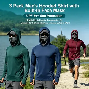 Men’s 3-Pack Compression Hoodie with Built-in Mask, Quick Dry Sun Protection Long Sleeve Pullover, for Running, Fishing, Menswear Sweatshirt Tops