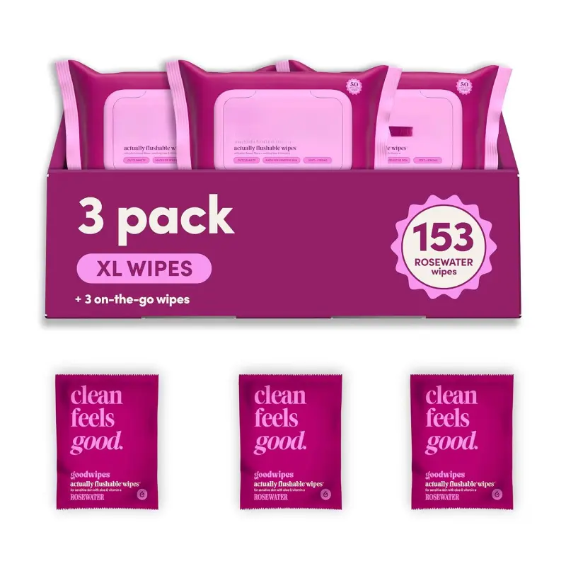 Flushable Wipes - Rosewater Wet Wipes for Adults, Sewer & Septic Safe, Guest Bathroom Essentials for Women & Men, pH Balanced & Extra Large, 153 Count (3 Packs and 3 Singles)