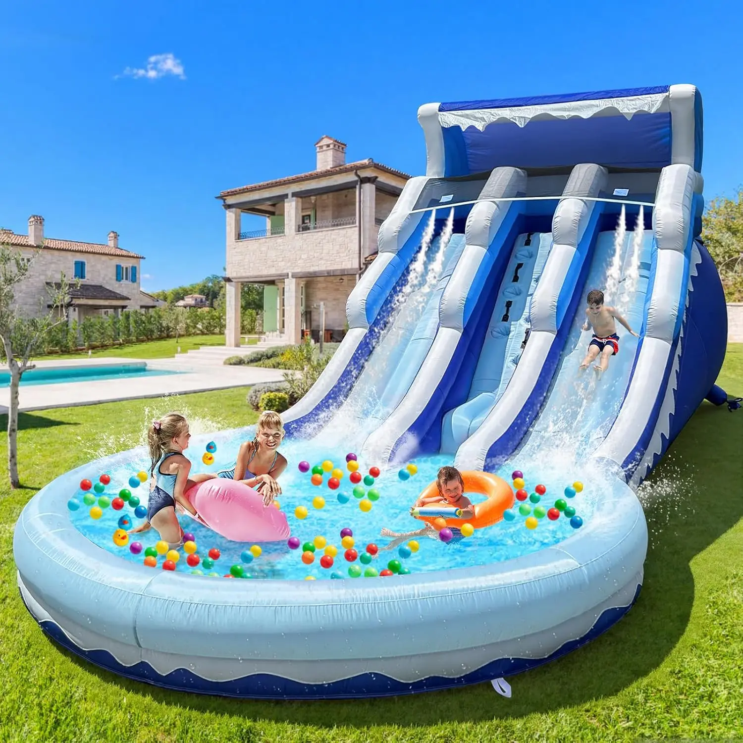 Inflatable Water Slide for Kids with Big Splash Pool, Water Slides for Kids Backyard Water Slide and Swimming Pool Summer Splash Party (Blue sea Wave)