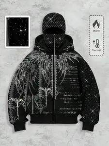 Rhinestone hooded sweatshirt, cardigan, men's street style rhinestone decorated windproof hat jacket with two hats, men's zipper cardigan sweatshirt, men's autumn and winter velvet sweatshirt, gothic